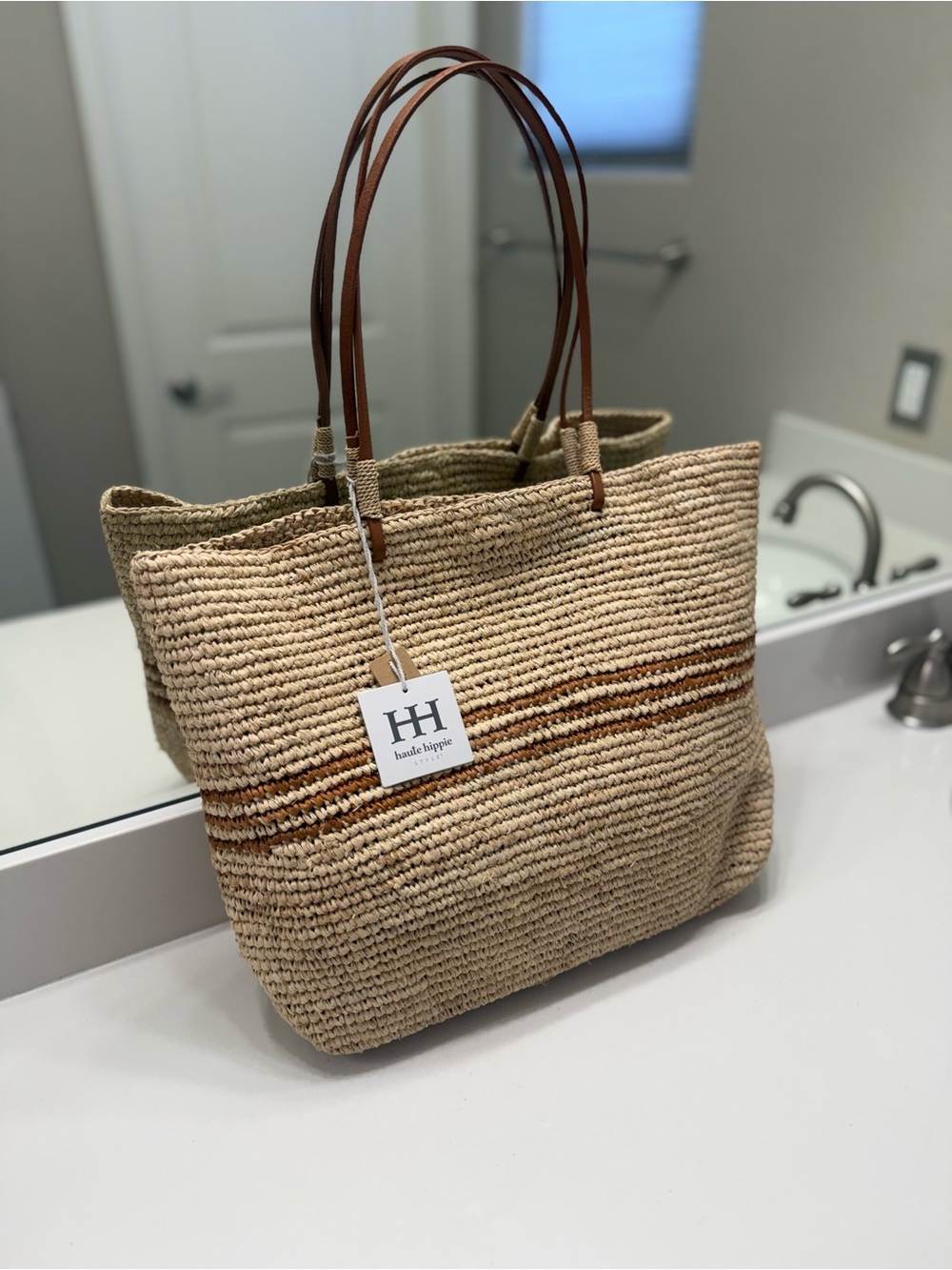 NWT Haute Hippie Natural Straw Tote with Brown Stripe and Brown Leather Handles - Picture 13 of 14